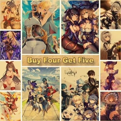 Genshin Impact Game Poster Kraft Paper Anime Posters and Prints Home Room Decor Study Bedroom Bar Cafe Cartoon Wall Stickers