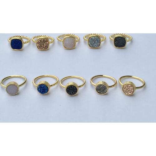 BOROSA Natural Titanium Druzy Agates Rings Copper Gold Color Round and Square Stones Blue Black Druzy Ring Size 6 & 7