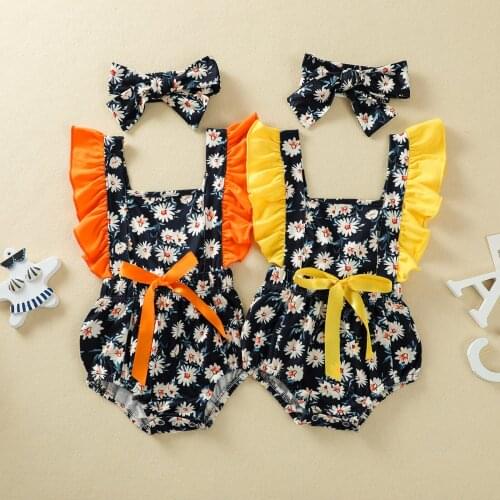 0-24M Cute Infant Baby Girl Romper Square Collar Daisy Printing Ruffle Backless Bow One Piece Outfit Summer Clothes 2pcs