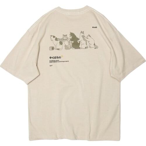 LACIBLE Harajuku Japanese Kanji Queue Cats Tees Cotton Streetwear Print Short Sleeve Shirt Oversized T Shirts Men Women Apricot