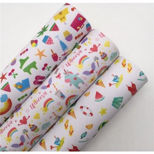 LEOsyntheticoDIY Summer Beach Rainbow Unicorn Printed Synthetic FAux Vinyl Fabric Leather Sheets For DIY Bows 21X29CM R147