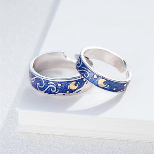Fashion Van Gogh Moon Star Paired Couple Rings Tibetan Sliver Blue Promise Love Adjustable Paired Rings For Couple Women Unix