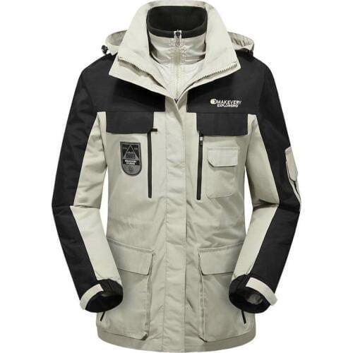 Mens Jacket Winter Waterproof Mens Hiking Jacket Warm Coat 2 in 1 Skiing Clothes Mens Thick Hooded Parkas Mens Plus Velvet