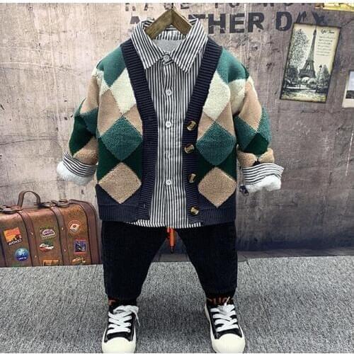 Boys Clothes Suits Baby Kids Boys Knit Cardigan,plush shirts,plush jeans 3pcs Baby Sport suit Boys Clothing Sets 2-6years