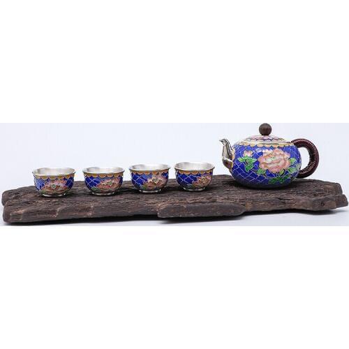 Cloisonne Peony Silver Tea Set Pure Hand-made Pinch Silk Enameled ColorSilver Bottles Teapots Silver Cups Collections Gifts