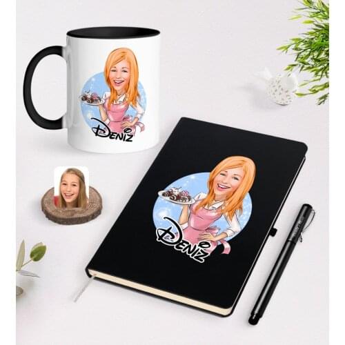Personalized Women 'S Cook Caricature Of Black Notebook pen And Mug set-4