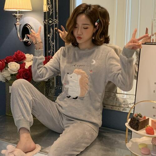 H5702 Pajamas Female Autumn Winter Warm Thick Sleepwear Korean Students Long Sleeve Cartoon Coral Fleece Comfortable Homewear