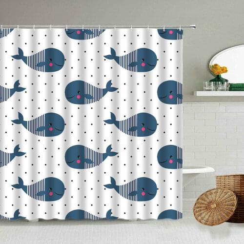 Cartoon Sea Animal Blue Dolphin Fish Pattern Shower Curtain Set Fun Kids Bathroom Decoration Toilet Partition Waterproof Screen