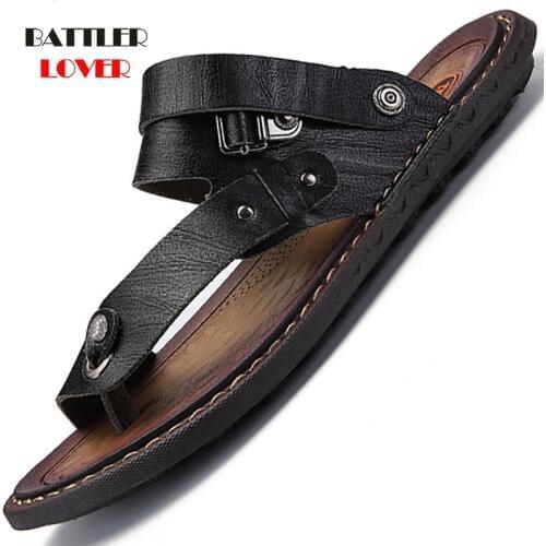 Genuine Leather Mens Sandals Open Toe Slip On Fashion Casual Shoes Male Slippers Roman Summer Beach Sandalies Plus Size 38-47