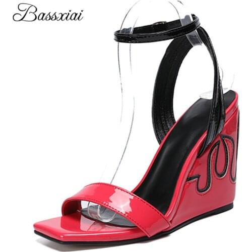 Square Open Toe One-Strap Party Sandals Women High Wedges Strappy Patchwork Summer Shoes Sandalias De Mujer