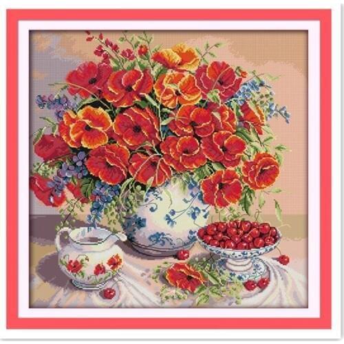 Gorgeous Poppies & Cherry Handmade DIY Sewing Embroidery Cross Stitch Kit Illustration Vase Decorative Paintings
