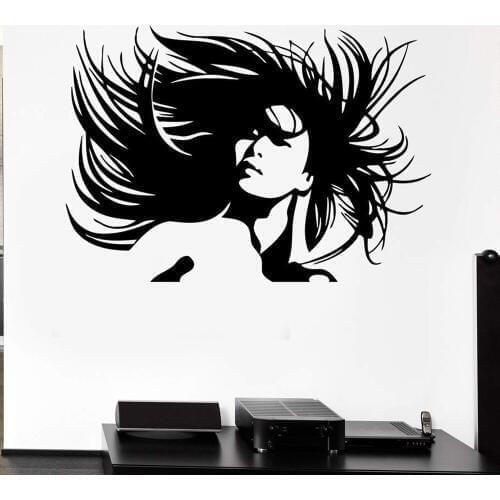 Barber Shop Vinyl Decal Beautiful Woman Portrait Crazy Hair Salon Wall Sticker Sexy Girl Hair Hairstyle Removable Art Mural N50
