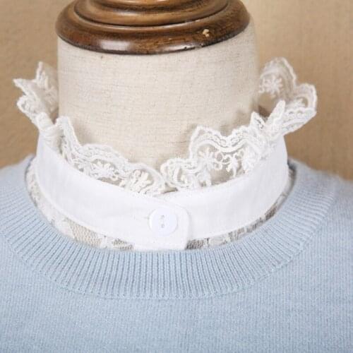 Women Decorative Ruffles Stand False Fake Collar Dickey Sweet Hollow Out Sheer Floral Lace Button Down White Detachable Half Sh