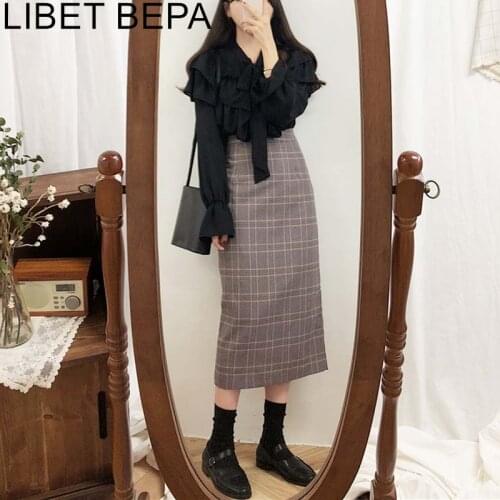 2021 New Spring Autumn Women A-Line Skirts High Waist Casual Plaid Korean Style Woolen Fashionable Vintage Midi Skirts SK6126