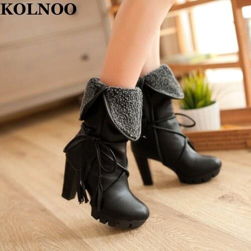 KOLNOO Womens Thick Heels Midcalf Boots Tassel Fringed Retro Vintages Turnover Evening Party Prom Fashion Winter Warm Shoes T-17