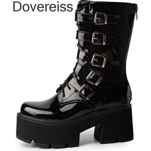 Dovereiss Winter New Fashion Sexy Zipper Goth Round Toe Buckle Chunky Heels Short Boots Matin Boots 40 41 42 43 44