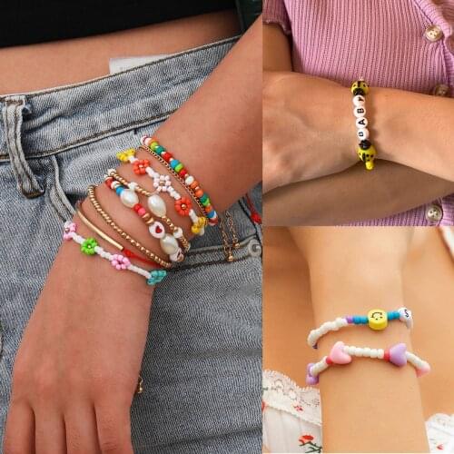 Trendy Boho Geometric Beaded Bracelet Womens Bohemia Color Beads Letter Flowers Pearl Bracelets Jewelry for Girls Summer