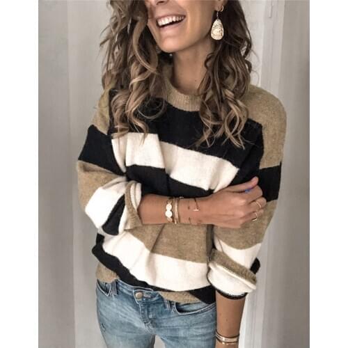 2020 New Women Color Block Sweater Autumn and Winter Casual Style Long Sleeve Round Neck Striped Pullover streetwear