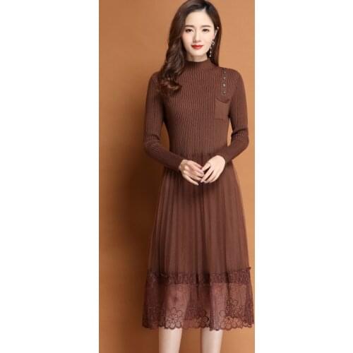 Lace Hem Buttons Women Autumn Winter Sweater Knitted a line Dresses Ribbed Slim Elastic Long Sleeve Lady Bodycon Midi Dresses
