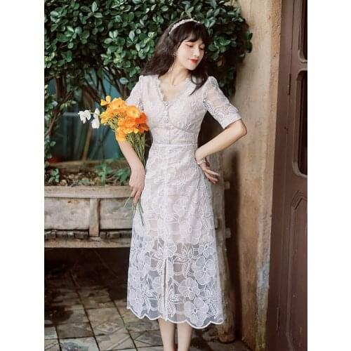 2021 New Summer Runway Desinger Party Dress Women V-Necked Three-Dimensional Flower Embroidered Nail Bead Lace Dress