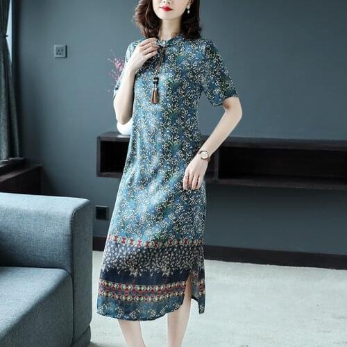 Women Vintage Short Sleeve Print 4XL Plus Size Dress 2021 Summer Floral Mulberry Silk Bodycon Midi Dress Elegant Party Vestidos