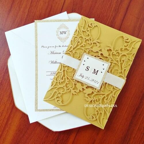 50X Gold Wedding Invitation With Champagne Glitter Insert And Tag DIY Hollow Print Cards For Quinceanera Party Favor Invtes