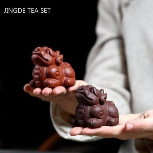 1PCS Chinese Purple Clay Tea Pet Lucky Animal Statue Ornaments Desktop Handmade Tea Figurine Craft Boutique Tea Table Decoration