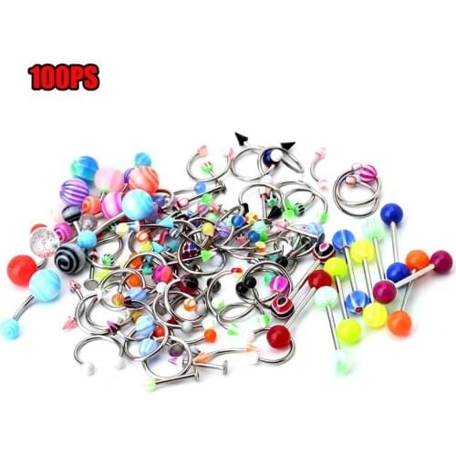 100Pcs/Set Body Piercing Jewelry Tongue Belly Lip Eyebrow Nose Barbell Ear Rings