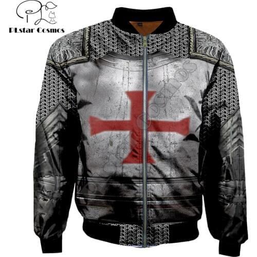 2020 Fashion Mens Bomber Jacket Knights Templar 3D Printed Thick winter pocket outwear Unisex Casual Warm Zip Jacket JK-002