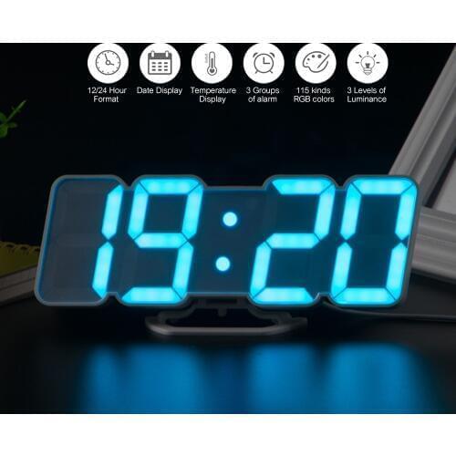 3D Wireless Remote Digital Alarm Clock USB Powered Temperature/Date Display RGB LED 3-Level Brightness Sound Control Wall Clock