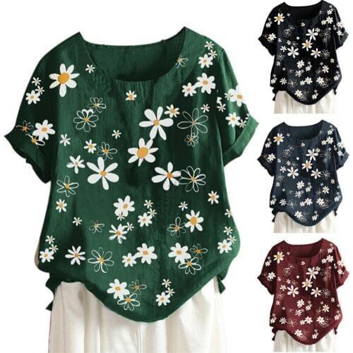 2020 Summer Blouse With Daisies Print And Buttons, Elegant Round Neck Cotton And Linen Blouses For Women, Short Sleeve Pullover