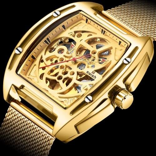 SWISH Watch Fashion Sports Mens Wristwatches Luxury Golden Square Watches With Hollow Designer Stainless Steel Military Clocks