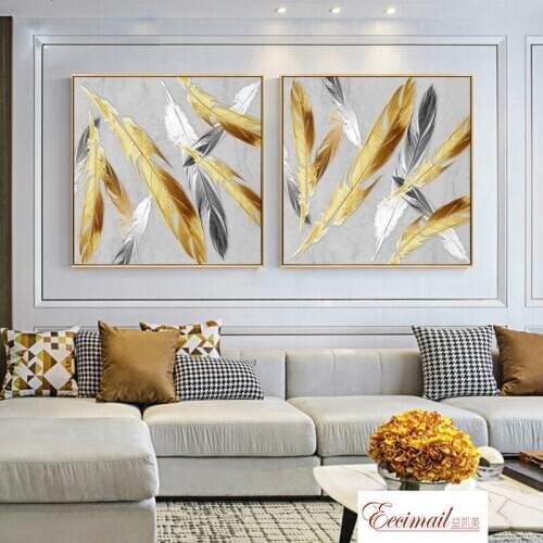 EECAMAIL Nordic Abstract Two Diamonds Painted With Diamonds Embroidered Golden Feathers Stickers Diamond Cross Stitch 2019 New