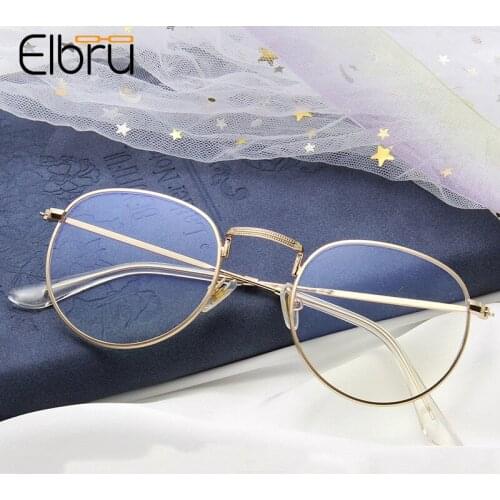 Elbru Vintage Round Metal Glasses Frame Fashion Ultralight Spectacles Flat Lens Optical Eyeglasses Men Women Computer Goggles