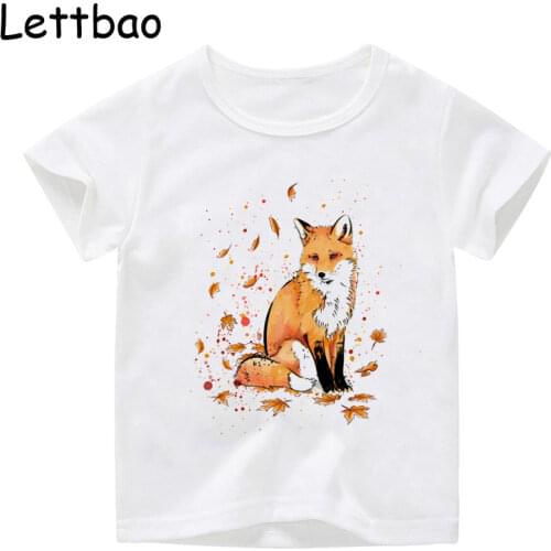Boys and Girls Fox In The Snow Cartoon Fox Print T Shirt Kids Funny Clothes Animal Cute Summer White T-shirt