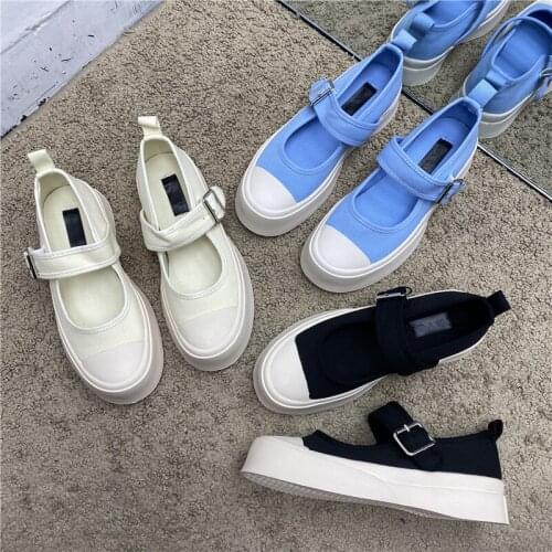 2021 Ins Platform Shoes Canvas Shoes Korean Comfort Mary Jane College Style Studdents White Shoes Classic Leisure Shoes Femmale