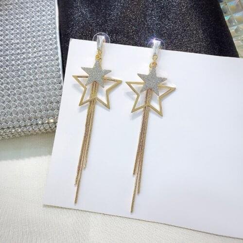 Exquisite Luxurious Zircon Sequins Metal Five-pointed Star Dangle Earrings Korean Temperament Fashion Long Tassel Earrings