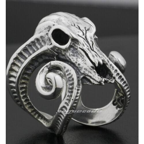 925 Sterling Silver Large Ran Skull Horn Aries Mens Ring 8E003 Free Size