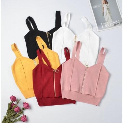 Tops Women Crop Top Zipper Fly Stretchy Camis Knitted Tops Sexy Short Tops With Hole Women Sleeveless Solid Crop Top For Women