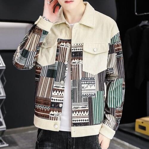 Brand 2021 Spring Autumn New Mens Jacket Corduroy Jacket Fashion Splice Flower Coat Youth Loose Short Style Windbreaker M-3XL