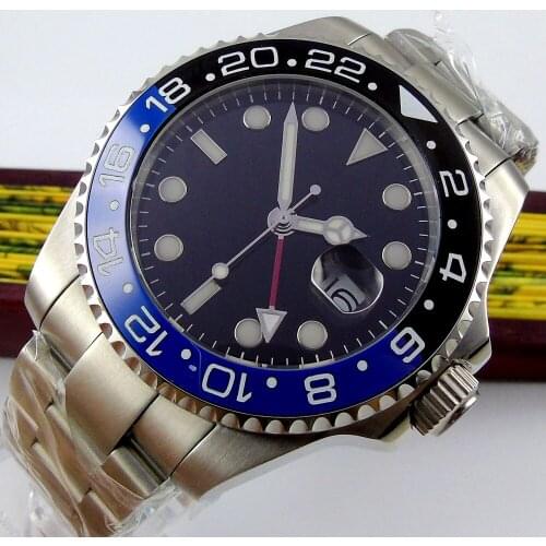 40mm Automatic Mens Watch Steel Ceramic Bezel Deployment GMT Oyster Strap Sapphire Glass Screwdown Crown Black Dial