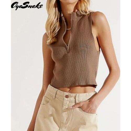 Oyasnake 2021 New Hot Womens Knitted Sweaters Tank Zipper Pullovers Stand-Up Collar Solid Skinny Slim Casual Short Tops