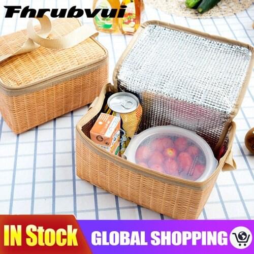 Portable Wicker Rattan Outdoor Picnic Bag Waterproof Tableware Insulated Thermal Cooler Food Container Basket for Camping Picnic