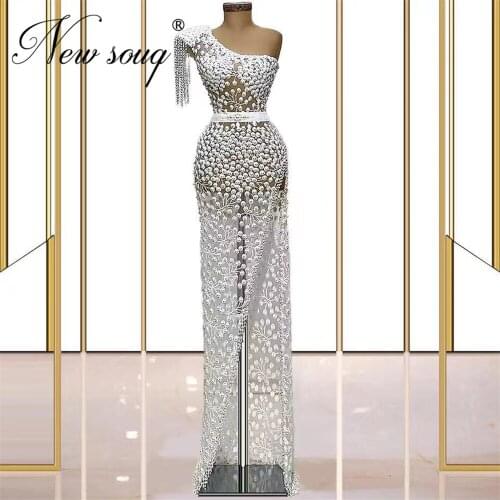 Vestidos 2021 Pearls Tassel Evening Dresses Arabic Dubai Long Illusion Prom Dress For Weddings Custom Made Celebrity Party Gowns