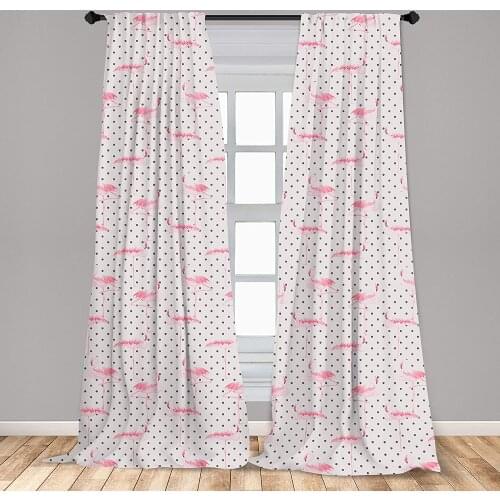 Pink White Retro Window Curtains Flamingo Birds on Minimalist Polka Dots Background Lightweight Decorative
