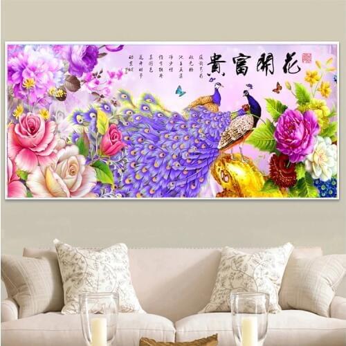 Needlework,DIY Cross stitch,full Embroidery kit set,rose peony flower lucky bird peacock print pattern Cross-Stitch wedding gif