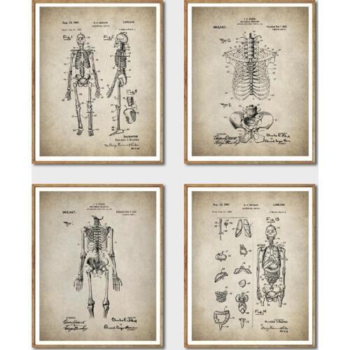 Skeleton Patent Wall Art Prints And Poster , Vintage Skeleton Anatomy Canvas Painting Wall Pictures Doctor Gift Medical Decor