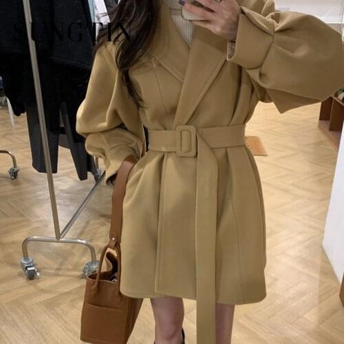 Sungtin Vintage Loose Woolen Coat Women with Belt Korean Elegant Casual Thick Warm Jacket Female Overcoat Sashes Sweet Outerwear