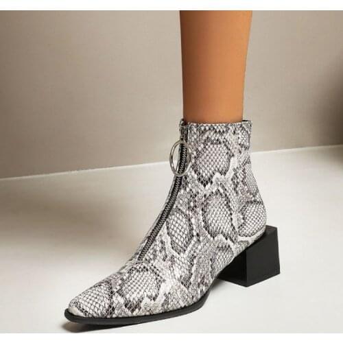 Vintage Stylish Women Short Ankle Boots Serpentine PU Autumn Chelsea Bottes Front Zipper Decor Lady Botas 5cm Chunky Heels