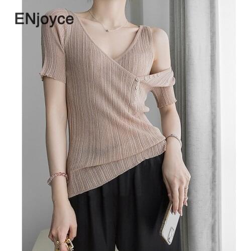 Vintage Irregular Beige Thin Knitted T Shirt Women Korean Fashion Off Shoulder Tops Casual Short Sleeve Clothes Tee Summer 2021